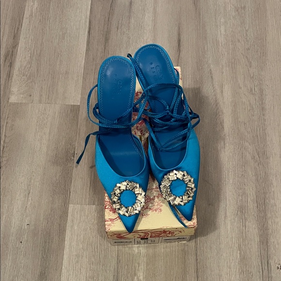 ASOS Shoes - ASOS Turquoise Lace-Up Pointed Satin Heels with Crystal Embellishment